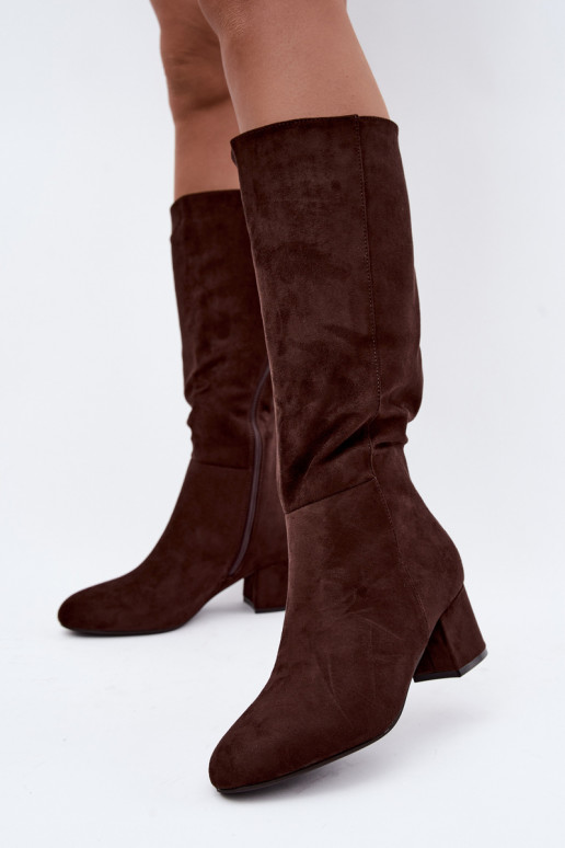 Women's long boots with heels lined S.Barski HY62-8131 chocolate