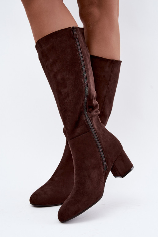 Women's long boots with heels lined S.Barski HY62-8131 chocolate