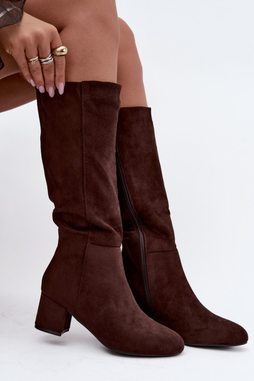 Women's long boots with heels lined S.Barski HY62-8131 chocolate