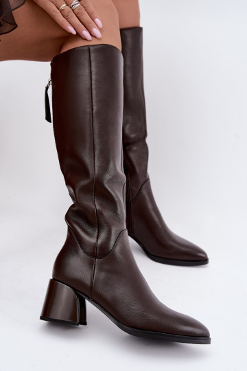 Leather lined women's long boots with heels D&A JC62-1069 chocolate