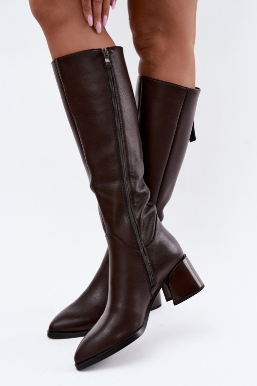 Leather lined women's long boots with heels D&A JC62-1069 chocolate