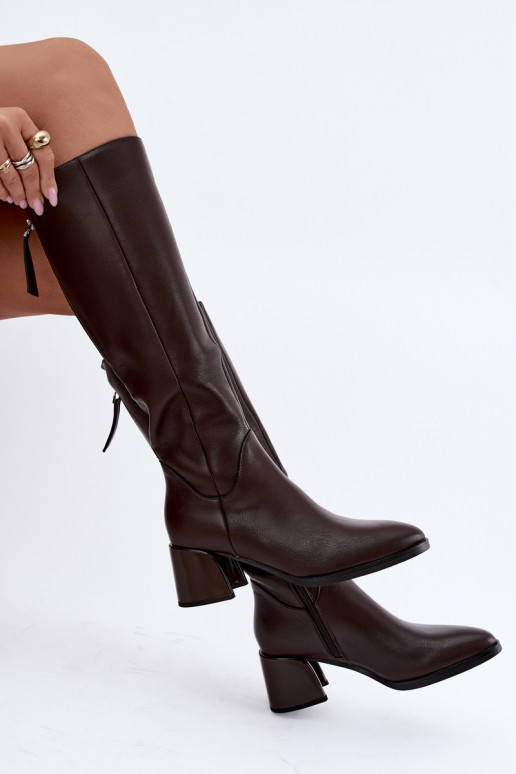 Leather lined women's long boots with heels D&A JC62-1069 chocolate