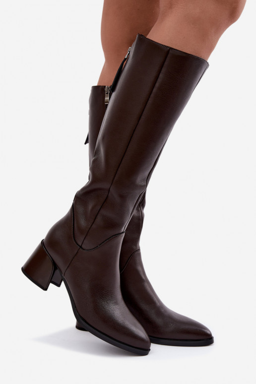 Leather lined women's long boots with heels D&A JC62-1069 chocolate