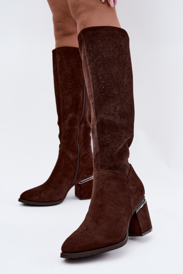 Long boots with cut-out elements and heels S.Barski HY62-8122 chocolate