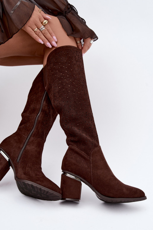 Long boots with cut-out elements and heels S.Barski HY62-8122 chocolate