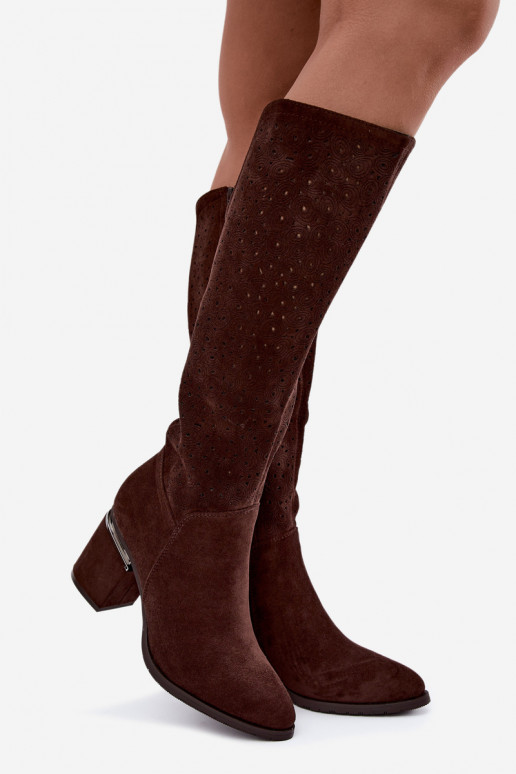 Long boots with cut-out elements and heels S.Barski HY62-8122 chocolate