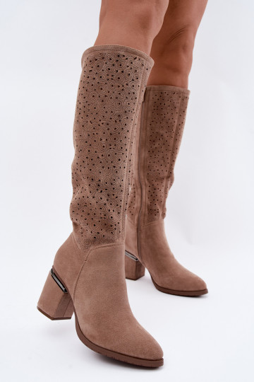 Long boots with cut-out elements and heels S.Barski HY62-8122 sand