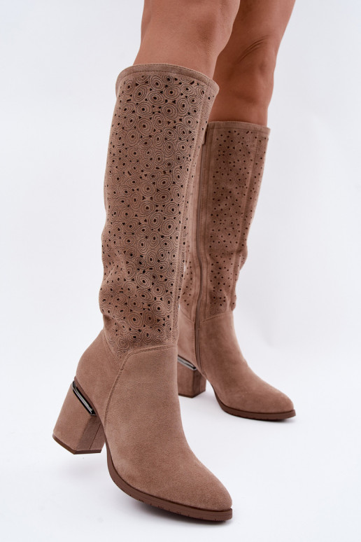 Long boots with cut-out elements and heels S.Barski HY62-8122 sand