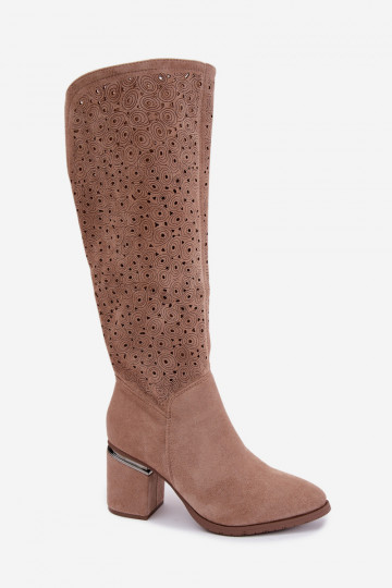 Long boots with cut-out elements and heels S.Barski HY62-8122 sand 2