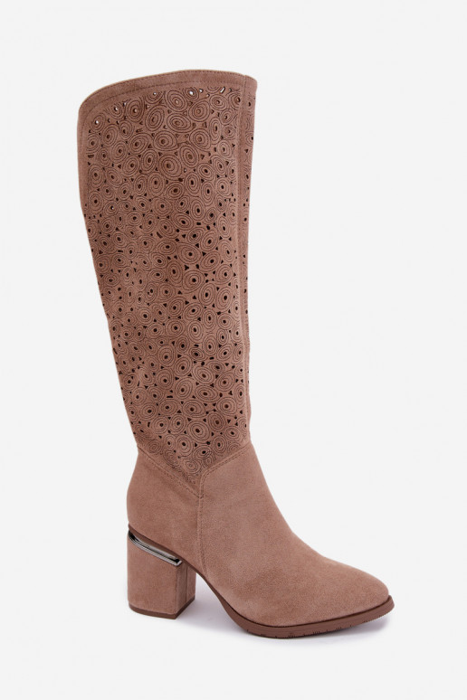 Long boots with cut-out elements and heels S.Barski HY62-8122 sand