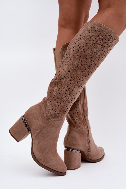 Long boots with cut-out elements and heels S.Barski HY62-8122 sand