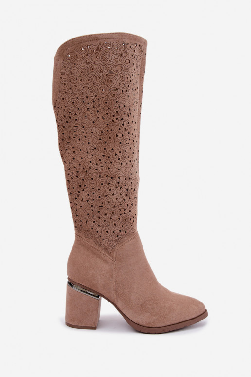 Long boots with cut-out elements and heels S.Barski HY62-8122 sand