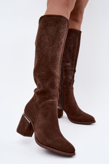 Long boots with cut-out elements and heels S.Barski HY62-8122 brown