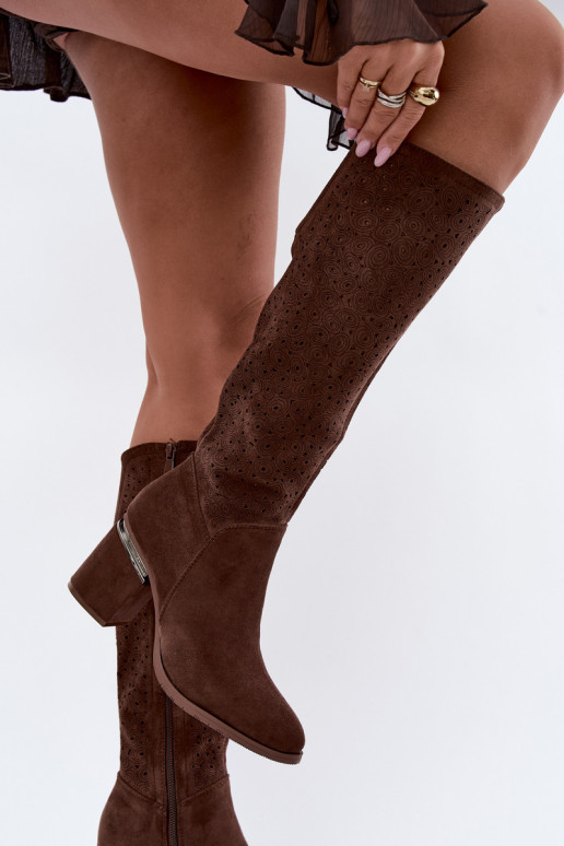 Long boots with cut-out elements and heels S.Barski HY62-8122 brown