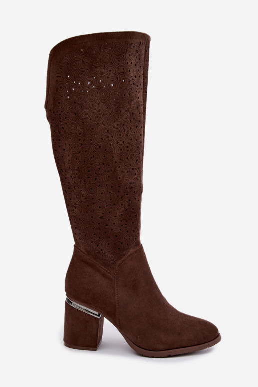 Long boots with cut-out elements and heels S.Barski HY62-8122 brown
