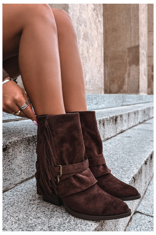 Cowboy style ankle boots with fringes, ribbons and buckles chocolate Corvella