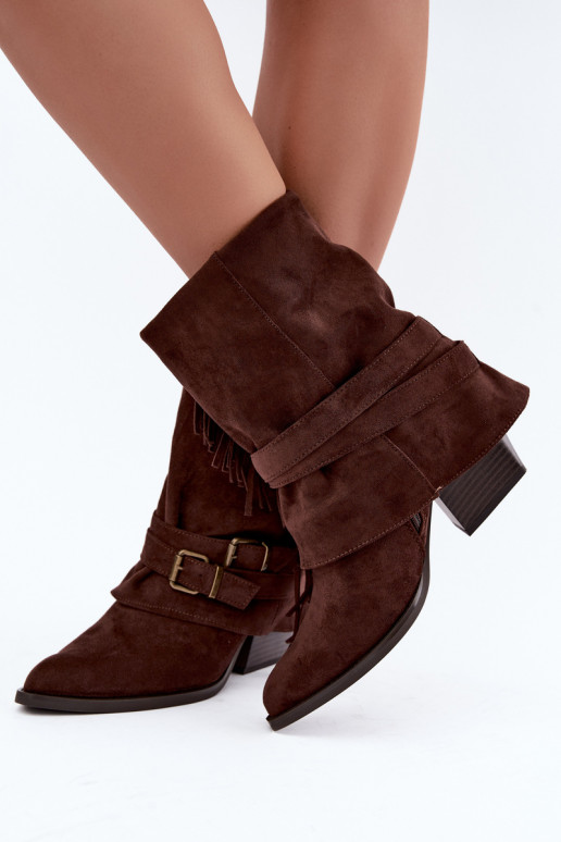 Cowboy style ankle boots with fringes, ribbons and buckles chocolate Corvella