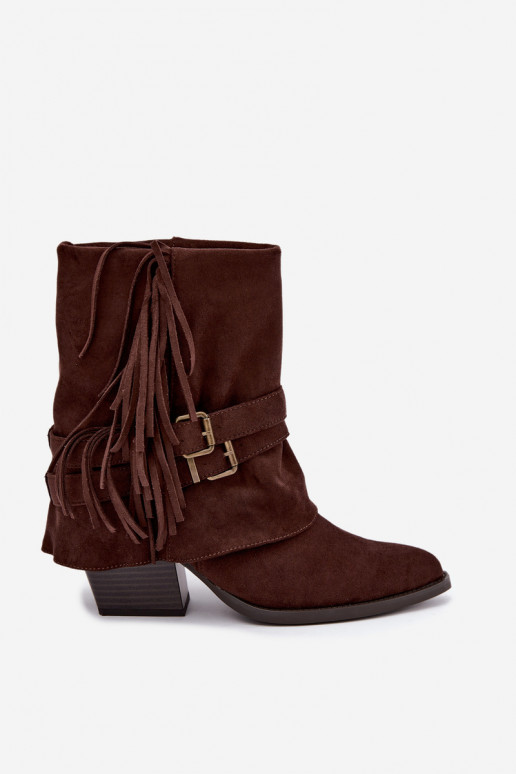 Cowboy style ankle boots with fringes, ribbons and buckles chocolate Corvella