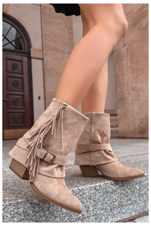 Cowboy style ankle boots with fringes, ribbons and buckles sand Corvella