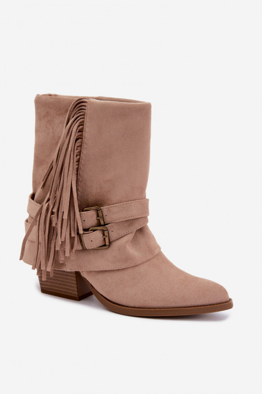 Cowboy style ankle boots with fringes, ribbons and buckles sand Corvella