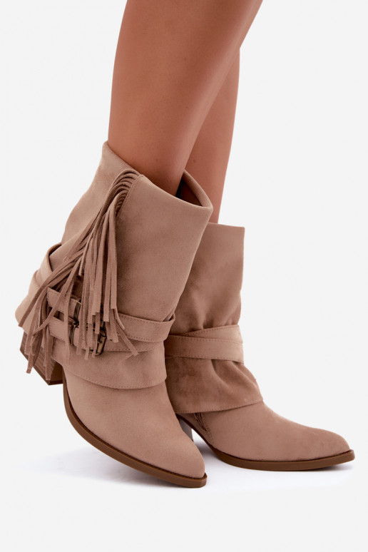 Cowboy style ankle boots with fringes, ribbons and buckles sand Corvella
