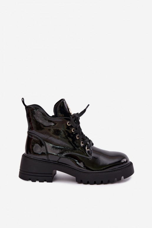 Warm ankle boots with a patent effect and gold details in black Kavirae