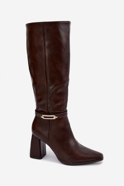 Warm knee-high boots with decorative straps and block heel in chocolate Luvessa
