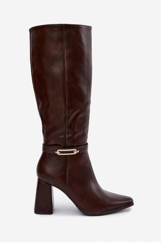 Warm knee-high boots with decorative straps and block heel in chocolate Luvessa