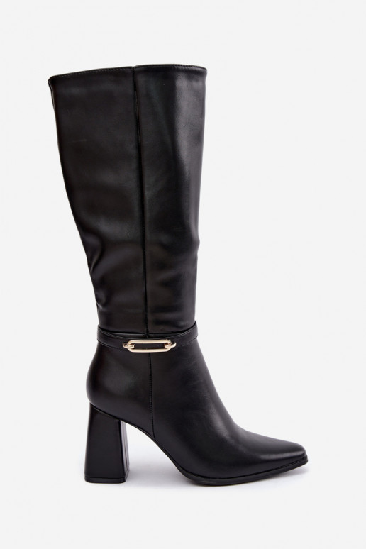 Warm knee-high boots with decorative straps and block heel in black Luvessa