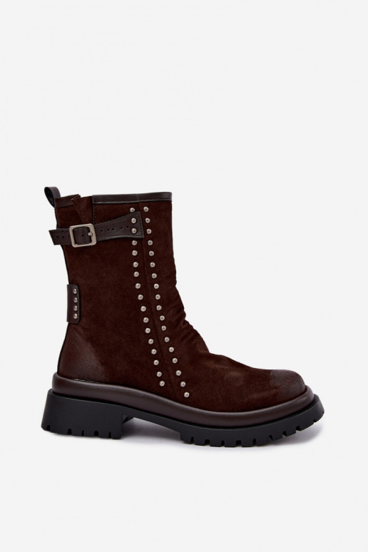 Faux suede warm ankle boots with buckles in chocolate Tai turiciejka K7727-02