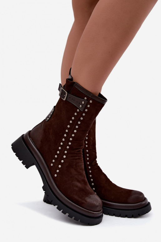 Faux suede warm ankle boots with buckles in chocolate Tai turiciejka K7727-02