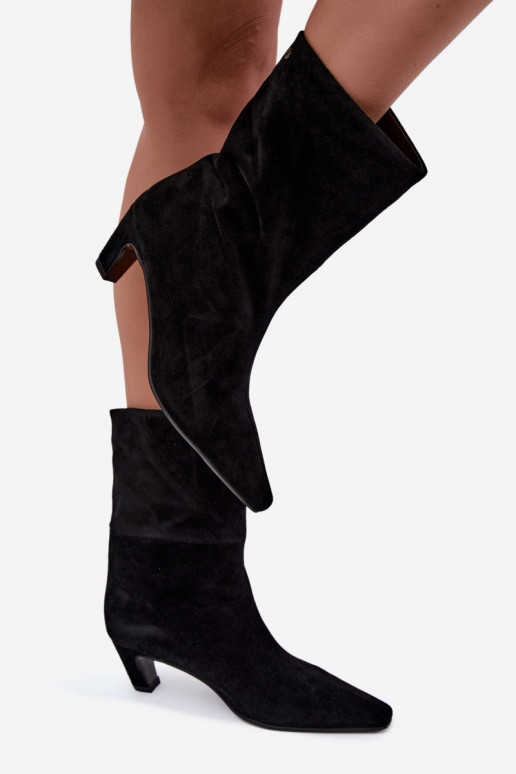 Faux suede warm slip-on shoes with heels in black Tai turiciejka K7791-01