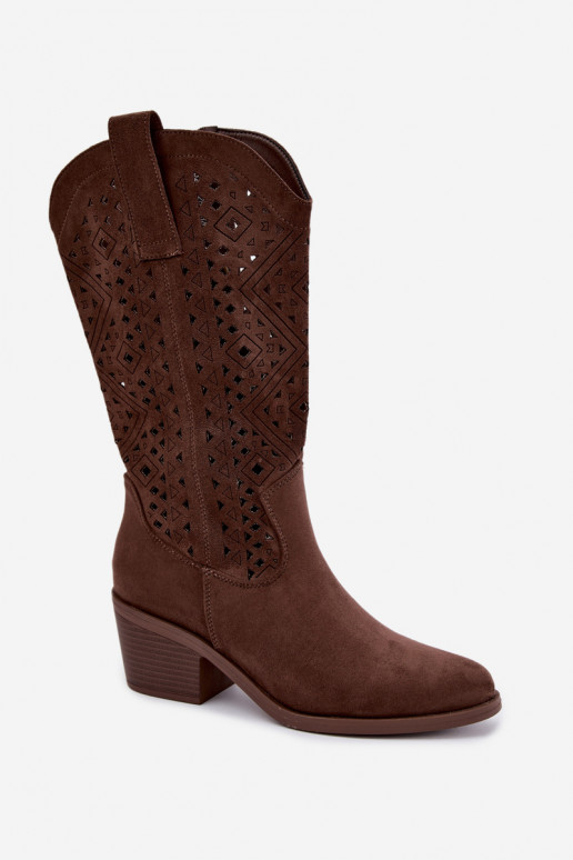 knee-high boots with cut-out elements in cowboy style with heels S.Barski HY62-8126 in brown