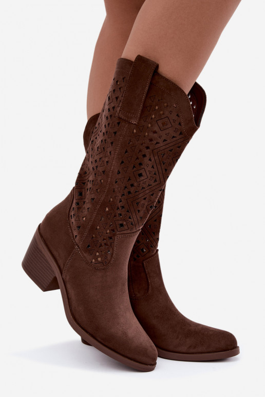 knee-high boots with cut-out elements in cowboy style with heels S.Barski HY62-8126 in brown