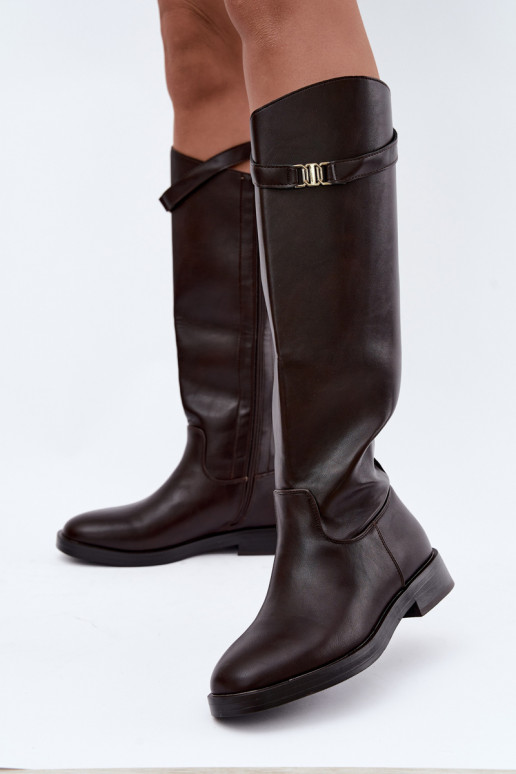 Women's knee-high boots with wide heels and decorative straps in chocolate color Tarelle