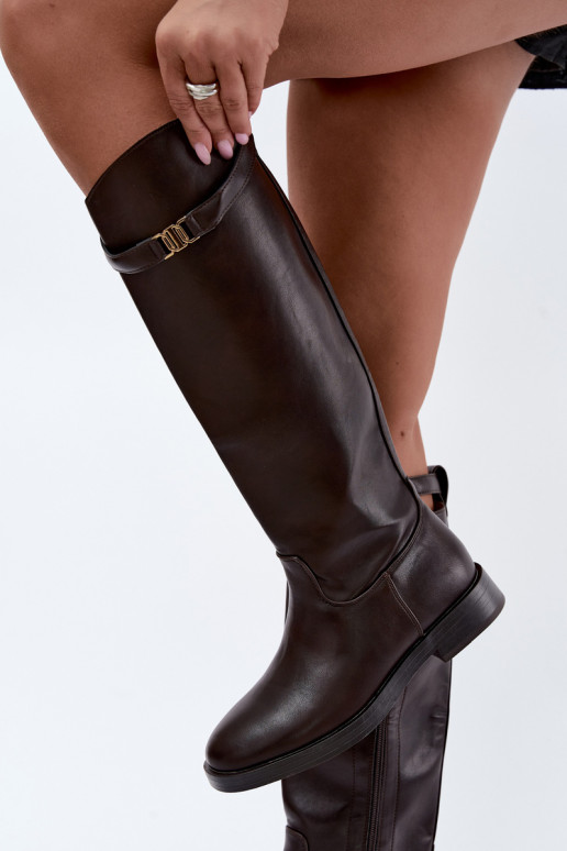 Women's knee-high boots with wide heels and decorative straps in chocolate color Tarelle