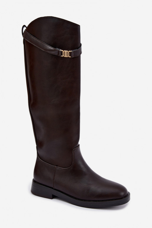 Women's knee-high boots with wide heels and decorative straps in chocolate color Tarelle