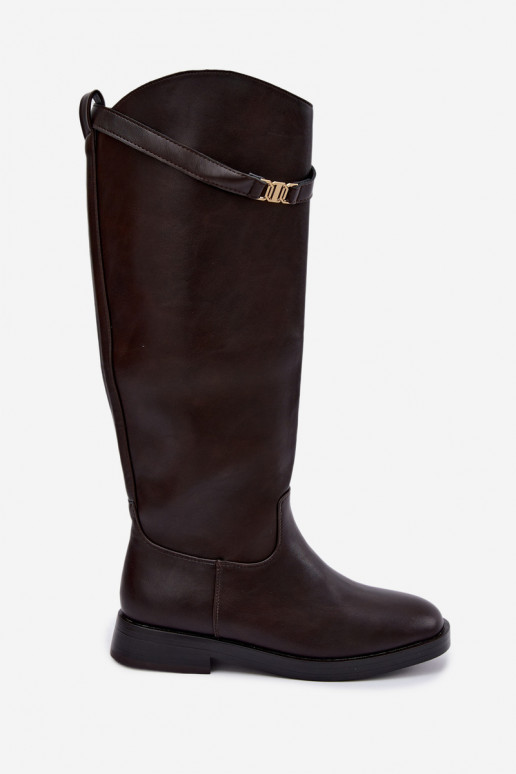 Women's knee-high boots with wide heels and decorative straps in chocolate color Tarelle