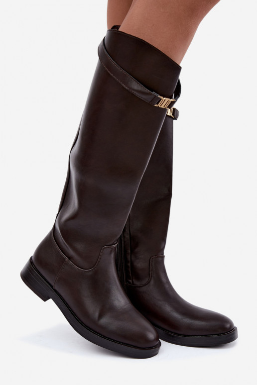 Women's knee-high boots with wide heels and decorative straps in chocolate color Tarelle
