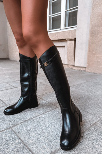 Black women's knee-high boots with wide heels and decorative straps Tarelle