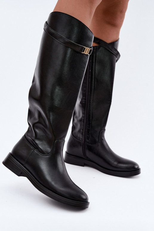 Black women's knee-high boots with wide heels and decorative straps Tarelle