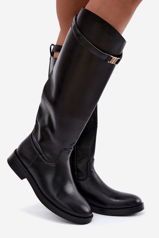 Black women's knee-high boots with wide heels and decorative straps Tarelle
