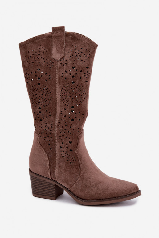 Garena brown cowboy-style long boots with cutouts