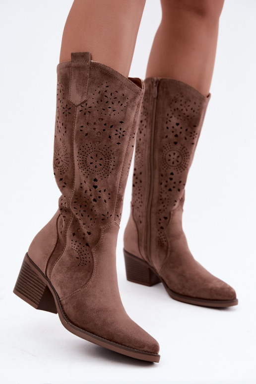Garena brown cowboy-style long boots with cutouts