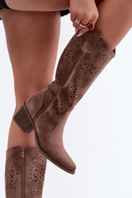 Garena brown cowboy-style long boots with cutouts