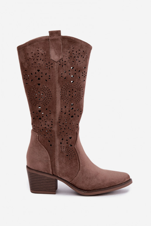 Garena brown cowboy-style long boots with cutouts