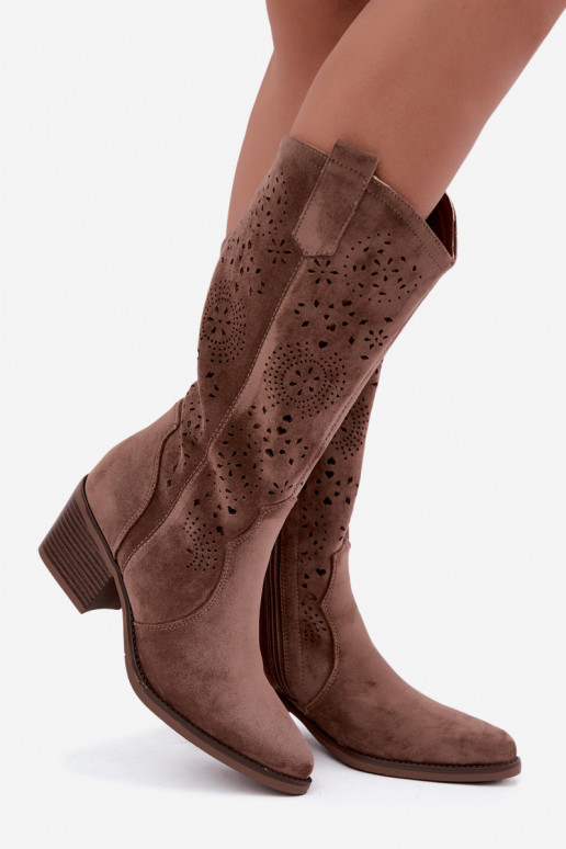Garena brown cowboy-style long boots with cutouts