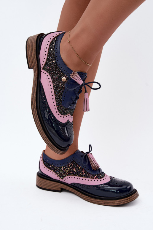 Women's leather shoes with laces and tassels Tai turiciejka K7816-17 in dark blue