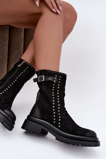 Insulated women's faux suede ankle boots with buckles Tai turiciejka K7727-01 in black