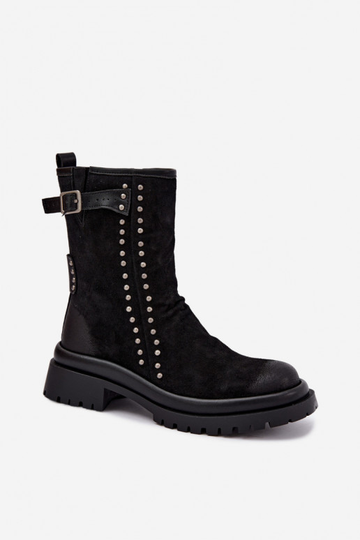 Insulated women's faux suede ankle boots with buckles Tai turiciejka K7727-01 in black